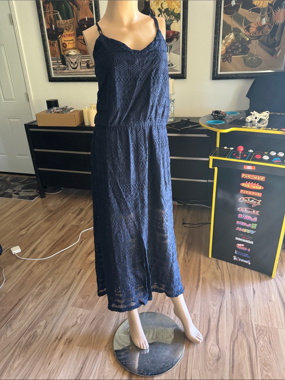 Women’s Navy Blue Lace Maxi Dress - Sleeveless Spaghetti Strap P10